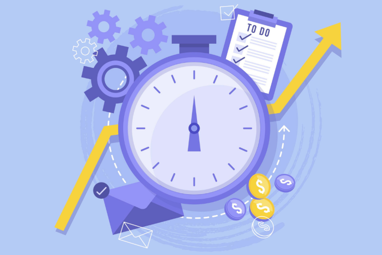 An illustration of a stopwatch surrounded by gears, a to-do checklist, an upward-trending arrow, coins, and an envelope.