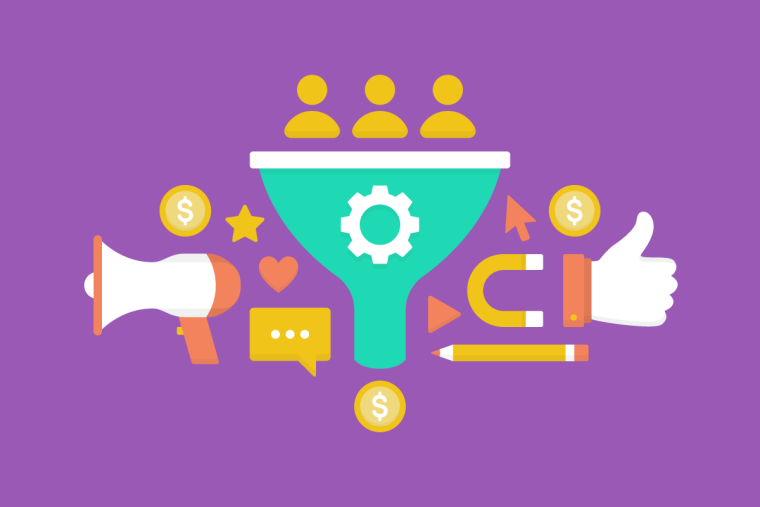 An illustration of a lead qualification funnel surrounded by marketing and engagement icons.
