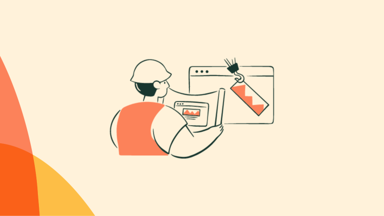 An illustration of a person in a hard hat holding blueprints and examining a browser window displaying a downward price-tag graphic.