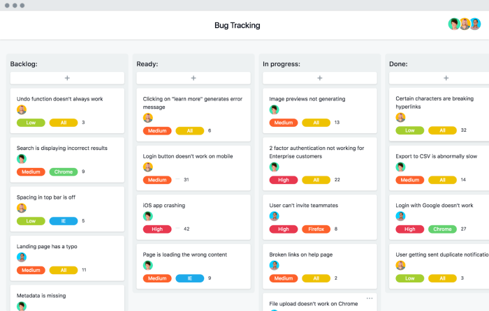 Asana bug tracking board