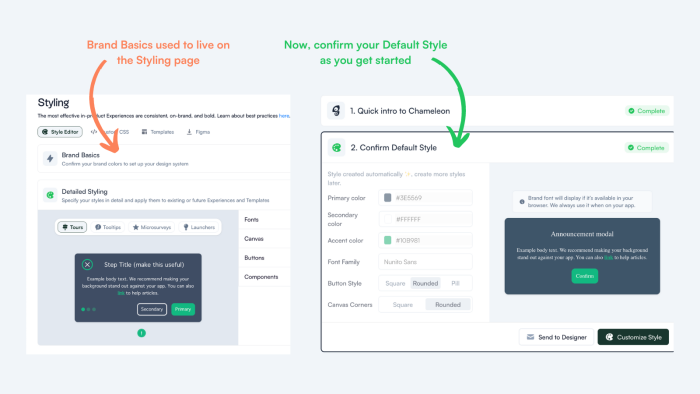 A before-and-after showing Brand Basics styling settings relocated from the Chameleon dashboard's Styling page to the Get Started flow.