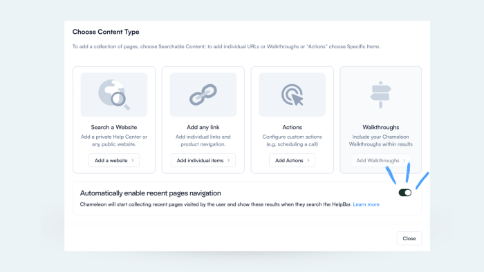 The Chameleon HelpBar 'Choose Content Type' settings, with arrows pointing to a toggle for automatically enabling recent pages navigation.