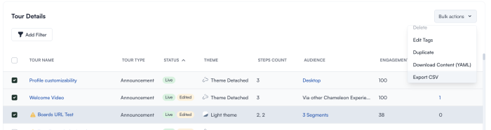 The Chameleon dashboard Tour Details list with three experiences checked and the Bulk actions menu open, showing options including Export CSV.