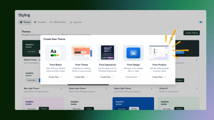 The Chameleon dashboard's Themes section with a 'Create New Theme' dialog offering five methods, with sampling product pages highlighted.