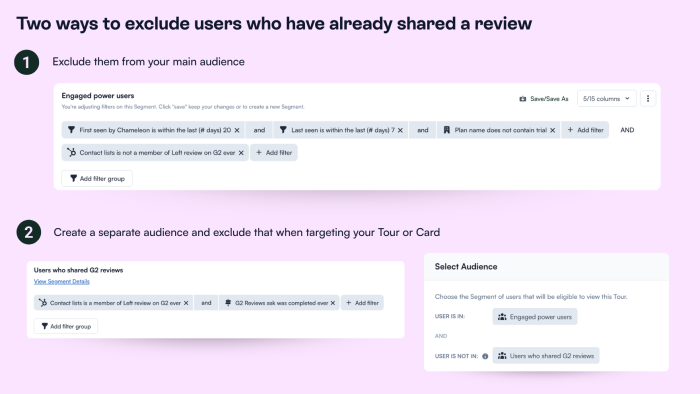 The Chameleon dashboard showing two approaches to audience exclusion: adding filter conditions to an existing segment and referencing a separate exclusion segment in Tour targeting.