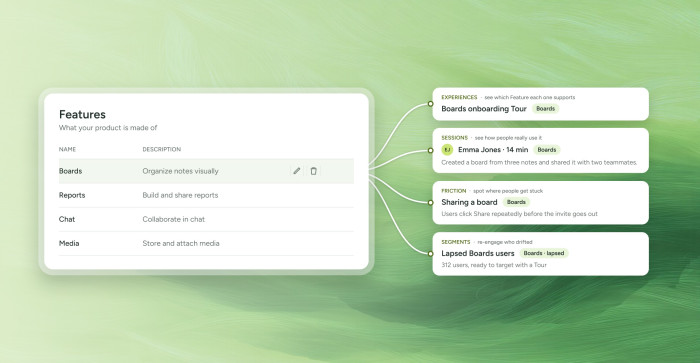 A detected Feature, Boards, feeding Experiences, sessions, friction findings and Segments as soon as it's found