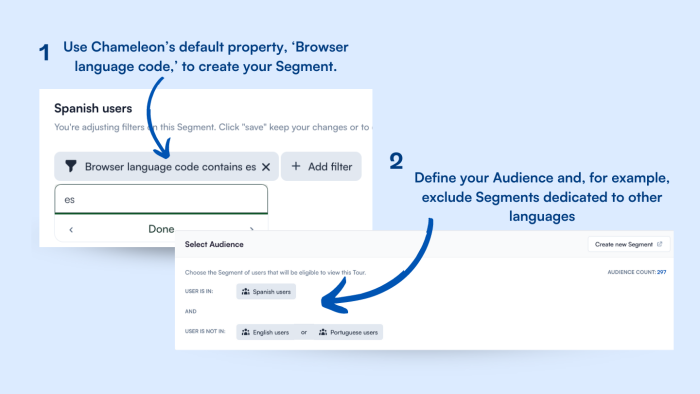 A two-step diagram showing how to use Chameleon's browser language code property to build language-based Segments and apply them as audience filters.