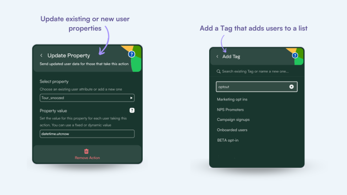 Two Chameleon Builder panels for configuring button actions — one for updating a user property and one for adding a user tag to a list.
