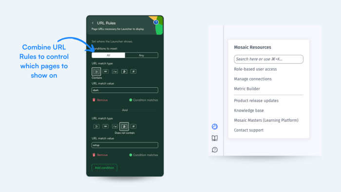 The Chameleon Builder's URL Rules configuration panel showing conditions for which pages a Launcher appears on, alongside a Mosaic Resources Launcher with a search bar and a list of help article links.