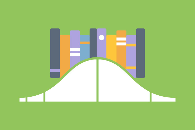 An illustration of a bell curve with a row of colorful books balanced at its peak on a green background.