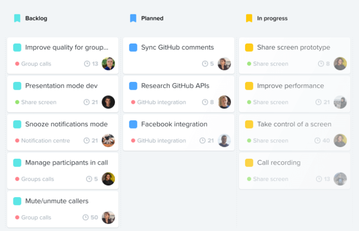 A Productboard status-oriented roadmap with feature cards organized in Backlog, Planned, and In progress columns.