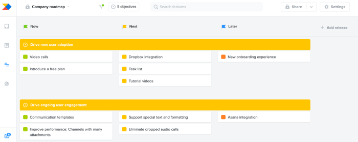 Productboard's theme-based roadmap view with Now, Next, and Later columns, showing features grouped under two outcome-oriented themes.
