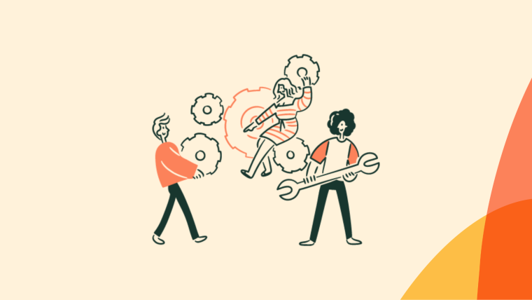 An illustration of three people collaborating with gears and a wrench.