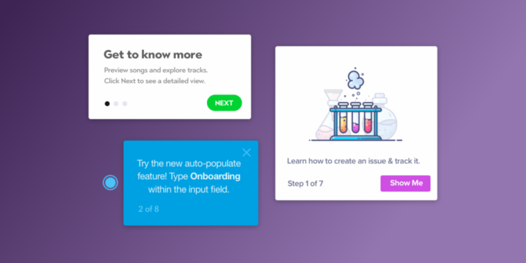Three product tour steps side by side, each with a distinct visual style: one is white and minimalistic, one is blue and anchored to a hotspot, and one is larger with an illustration.