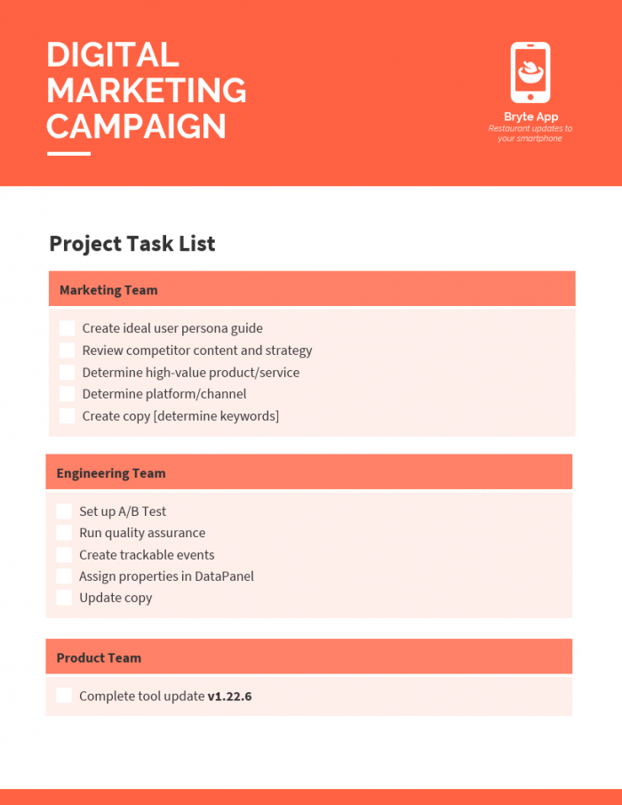 A project task list for a digital marketing campaign