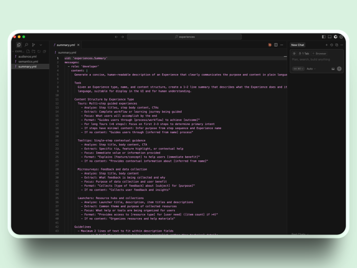 A code editor with a YAML prompt file for AI-generated Chameleon experience descriptions open alongside a Claude chat panel.