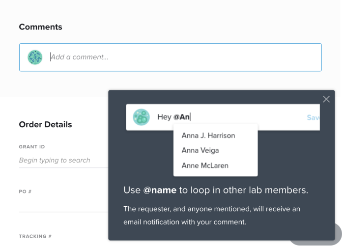 A Chameleon in-app experience on Quartzy's product demonstrating how to use @mentions in comments to notify other lab members by email.
