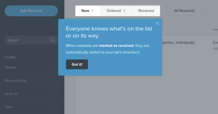 A Chameleon announcement on Quartzy's lab supply request management screen introducing an automatic inventory update feature.