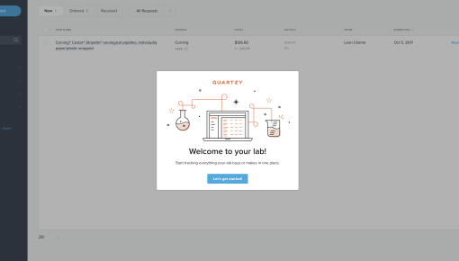 A Chameleon onboarding modal on Quartzy's lab management platform, welcoming new users and restating the product's value proposition.