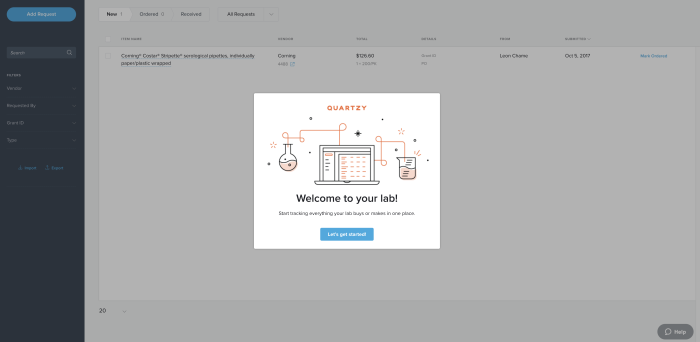 A Chameleon onboarding modal on Quartzy's lab management platform, welcoming new users and restating the product's value proposition.