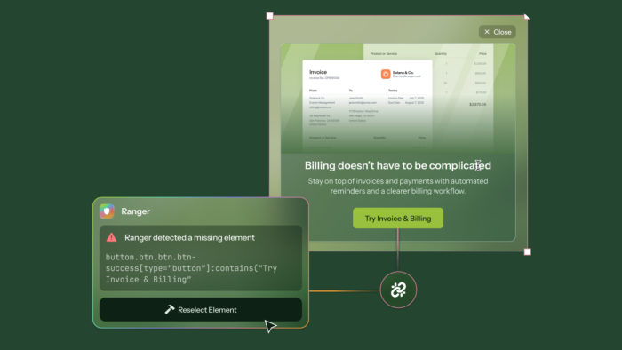Chameleon's Ranger agent panel alerting that a missing element was detected in an in-app experience, showing the broken CSS selector and a Reselect Element button