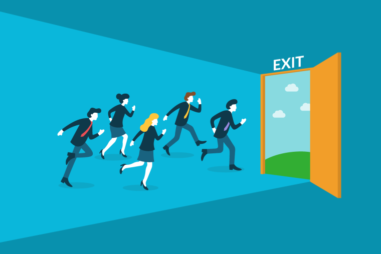 An illustration of several business people running toward an open door labeled 