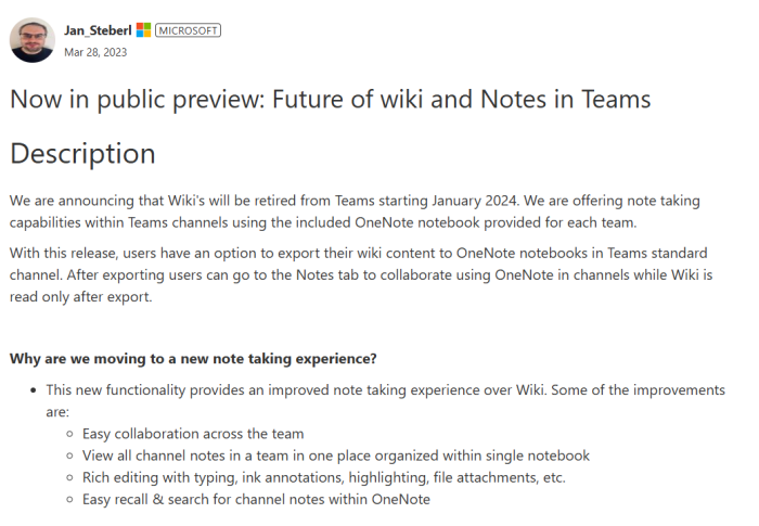 A Microsoft Teams Tech Community post from a Microsoft employee announcing the retirement of the Wiki feature and migration to OneNote.