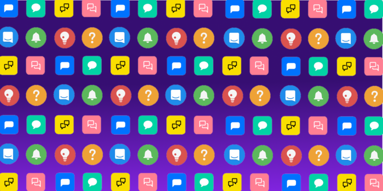 A grid of colorful widget icons — speech bubbles, notification bells, lightbulbs, and question marks — on a purple background.