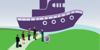 An illustration of business professionals lining up to board a large purple ship, with a handshake at the gangway.
