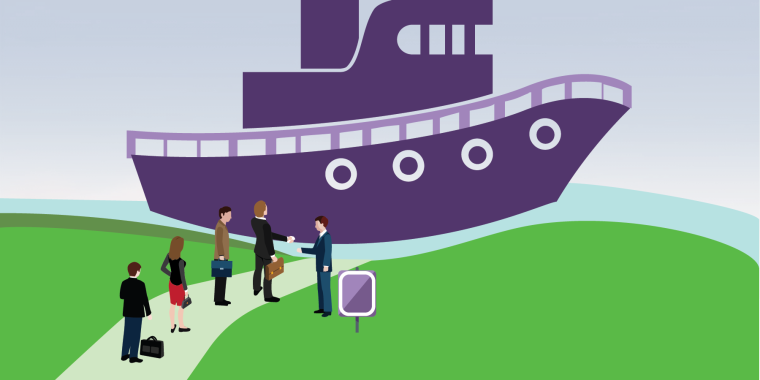 An illustration of business professionals lining up to board a large purple ship, with a handshake at the gangway.