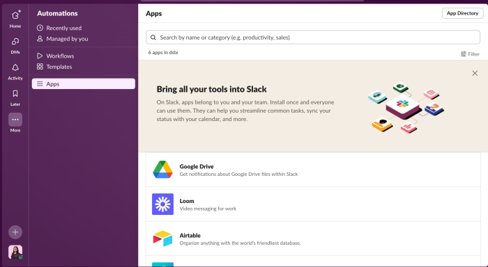 A screenshot of Slack's integrations
