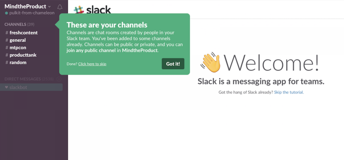 Slack onboarding shows people how to find channels