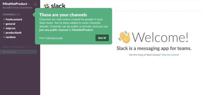 Slack onboarding shows people how to find channels