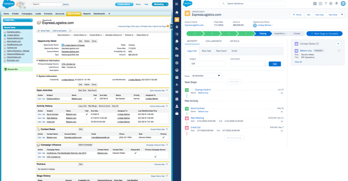 Side-by-side comparison of the same Salesforce opportunity record displayed in Salesforce Classic and Salesforce Lightning Experience.