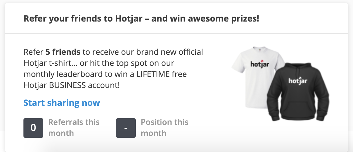 Hotjar virality loop: when you invite users, you get free items or free plans