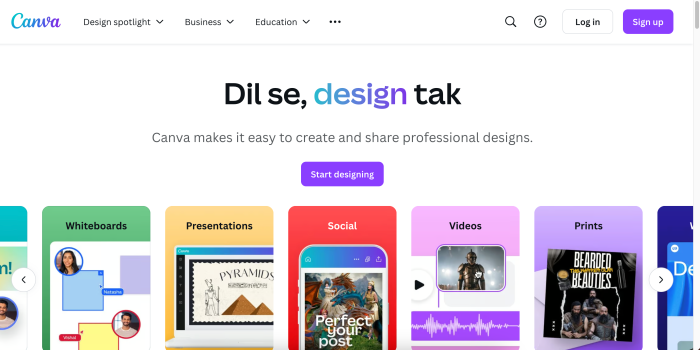 The Canva homepage showing the hero headline 'Dil se, design tak' with a 'Start designing' CTA, above a row of design category cards.
