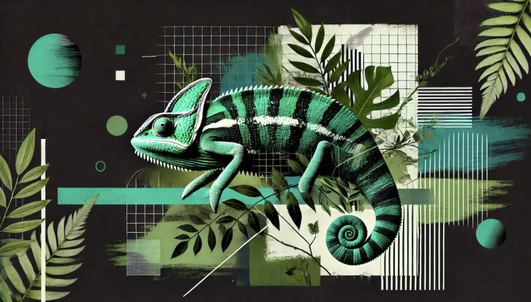 A collage illustration of a green chameleon against a dark background, with tropical leaves and abstract geometric elements.