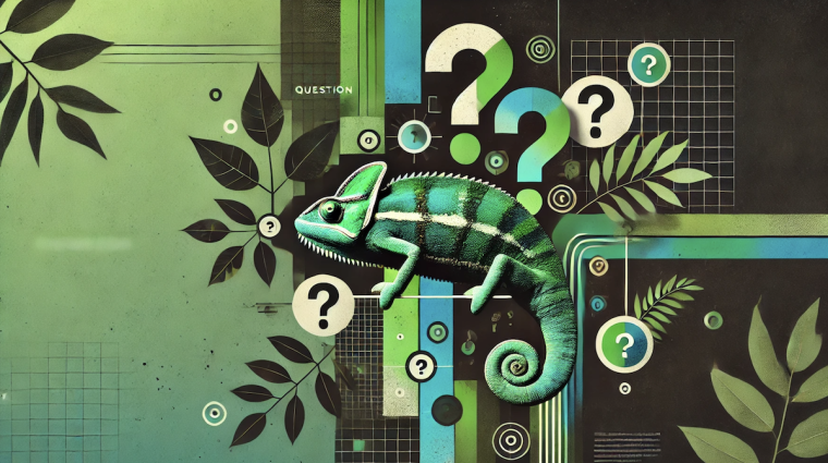 A stylized collage illustration of a green chameleon surrounded by question marks, with leaves and geometric shapes on a split green-and-dark background