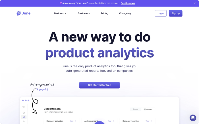 June Product Analytics Landing Page