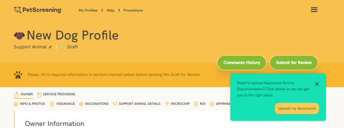 A Chameleon announcement on PetScreening's New Dog Profile page, prompting users to upload assistance animal documentation.