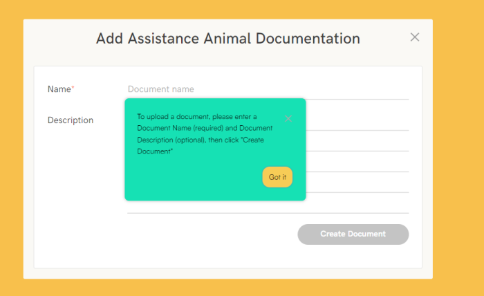An in-app announcement on PetScreening's Add Assistance Animal Documentation form, guiding users to complete required fields before creating a document.