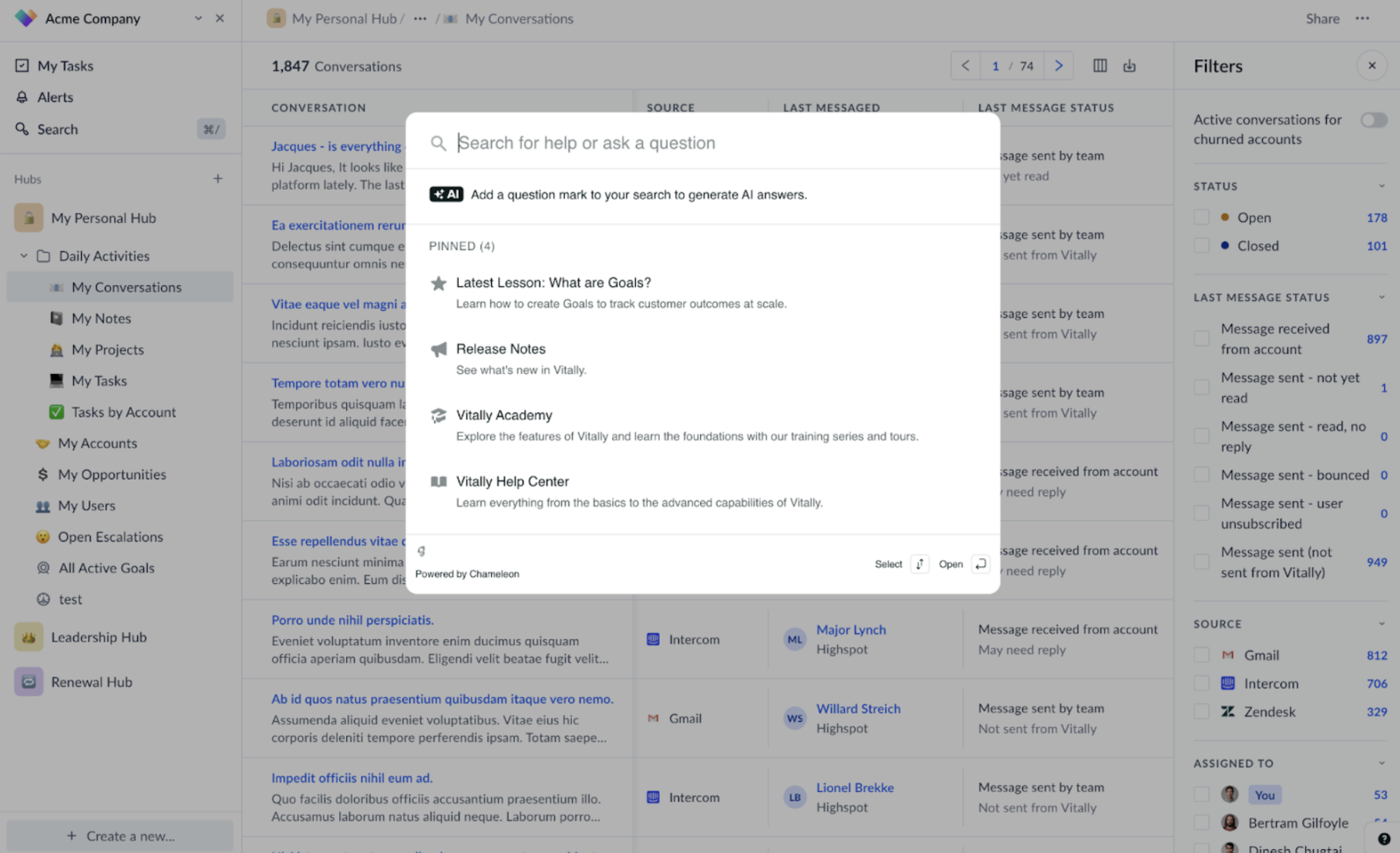 The Chameleon HelpBar open on the Vitally dashboard, showing a search field with AI answers enabled and a list of pinned help resources.