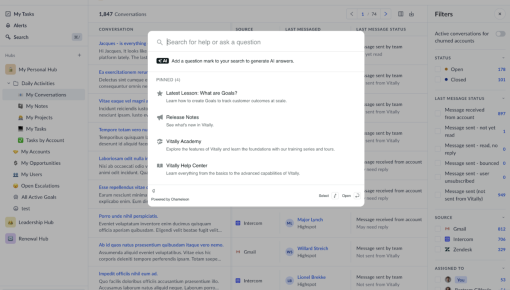 The Chameleon HelpBar open on the Vitally dashboard, showing a search field with AI answers enabled and a list of pinned help resources.