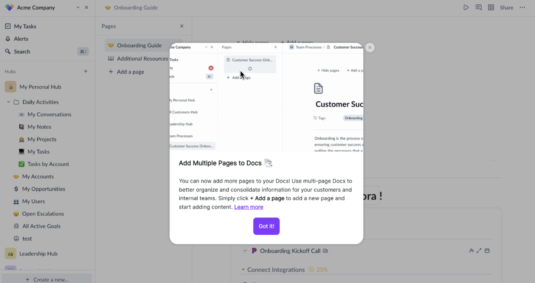 A feature update announcement modal in Vitally's dashboard, with a dimmed background and a 'Got it!' dismiss button