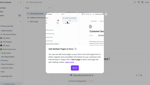 A feature update announcement modal in Vitally's dashboard, with a dimmed background and a 'Got it!' dismiss button