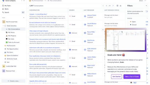A feature announcement slide-out with an embedded interactive demo preview, offering options to get started or take a guided tour.
