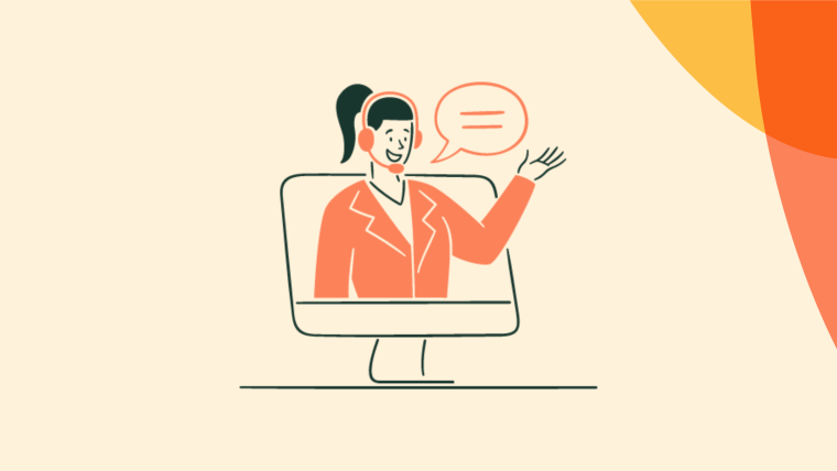 An illustration of a customer support agent wearing a headset, emerging from a desktop monitor with a speech bubble, waving.