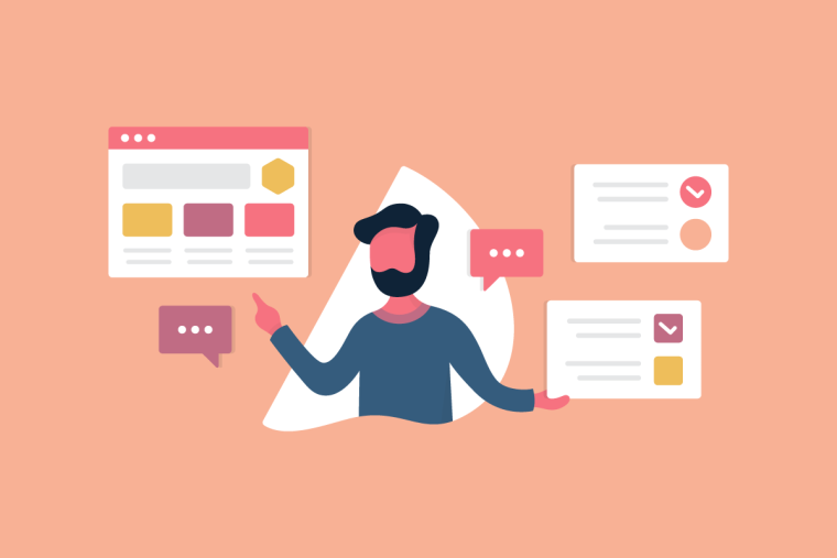 An illustrated person gesturing toward a web interface on one side and document panels on the other, with chat bubbles nearby.