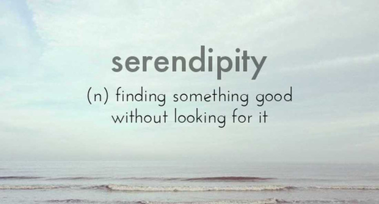 A beach scene overlaid with the text 'serendipity (n) finding something good without looking for it'.