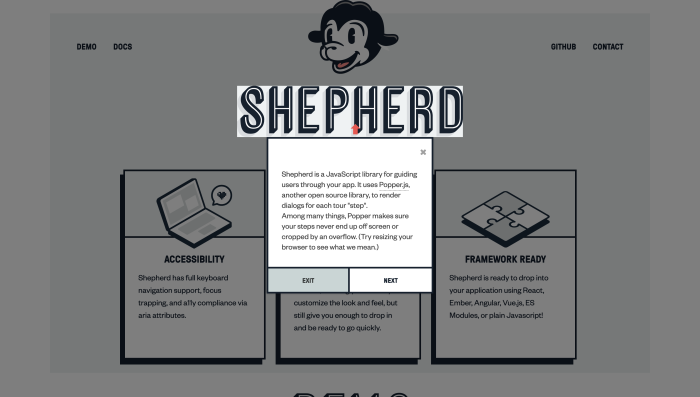 A screenshot of an element from the best React product tour libraries for onboarding Shepherd.js